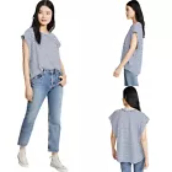 FREE PEOPLE We the Free Halo Cap Sleeve Navy and White Stripe Top Womens Medium - Picture 12 of 16